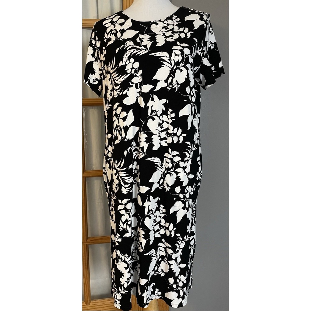 90s J. Jill Wearever Floral Shift Dress Sz M Black White Pockets Beach Romantic